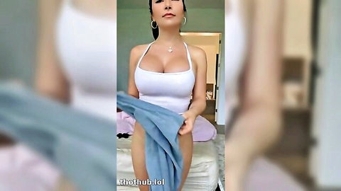 Alinity teasing in tight white top and pulling down yoga pants, big tits and curvy ass