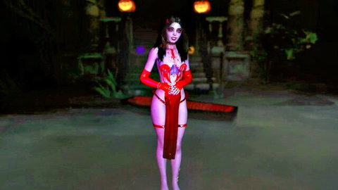 Sexy goth vampire girl in red latex revealing shaved pussy and perky tits by coffin