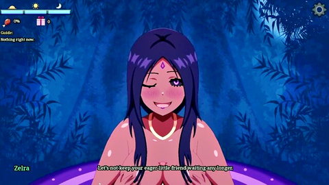 Seductive purple-haired hentai babe with huge bare tits winking in jungle
