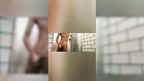 Nude man in steamy shower, side view ass tease, jerk off compilation