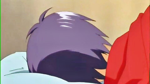 Purple-haired anime giantess hentai character lying on bed from behind