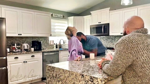 Mature blonde in robe fucked doggy by black boss while cuckold husband watches