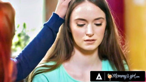 Redhead mommy caresses brunette girl's hair in intimate lesbian tease