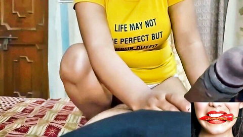 Raveena75 in yellow t-shirt straddling man for intense cowgirl action
