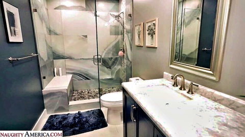 Hot girl nude showering in steamy glass bathroom
