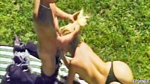 Vintage blonde babe in hot outdoor doggy style sex on grass