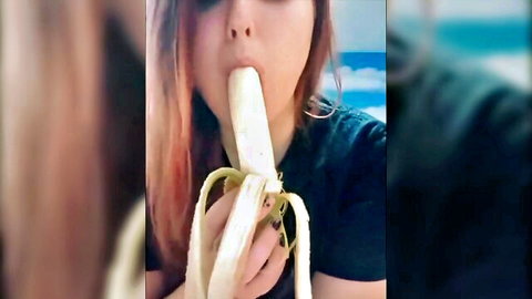 Sexy redhead deepthroating banana seductively, amateur tease