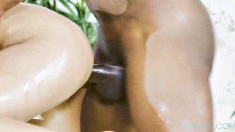 Skinny ebony Kimora Quin fucked doggystyle during oily massage