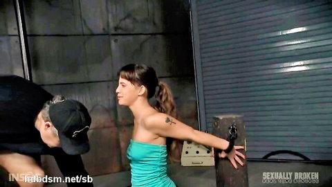 Bound brunette in turquoise dress endures sybian machine torment