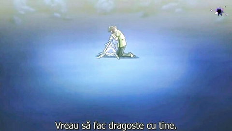Anime guy kneels hugging long-haired girl in white dress passionately on blue background