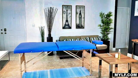 Busty blonde MILF Olivia Blu in seductive massage room setup