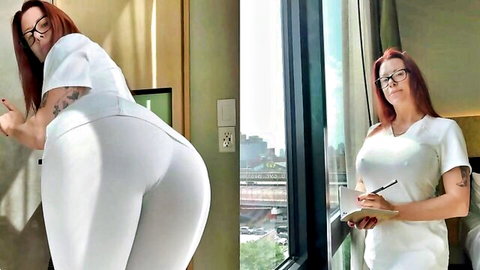 Curvy redhead nurse in tight white uniform bending over, showing big ass, tattoos and glasses