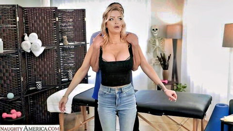 Linzee Ryder in jeans bent over as David Lee grabs her from behind
