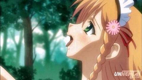 Busty blonde hentai girl in seductive pose with flower, forest background