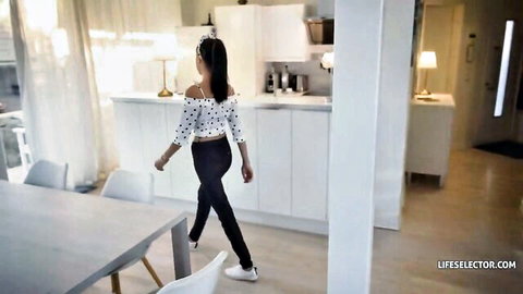 Alyssa Bounty in off-shoulder top and leggings, teasing walk in POV style