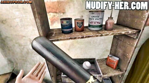 Garage shelf stocked with dusty grease cans and baseball bat ready for rough BDSM punishment play