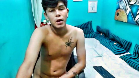 Young brunette Asian stallion nude cam show with spider tattoo