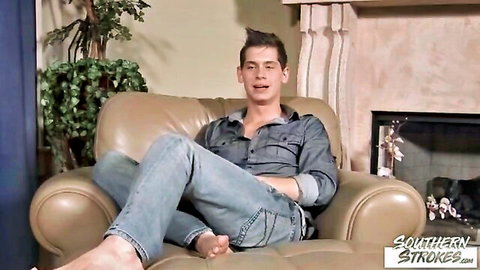 Handsome jock in denim shirt jacks big cock solo interview
