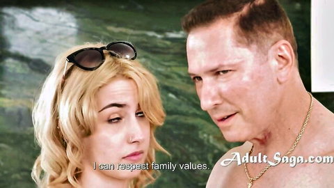 Busty blonde MILF stepmom chats family values with shirtless stepdad