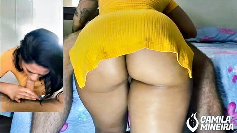 Curvy Latina babe in yellow dress giving blowjob and showing huge ass