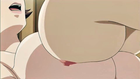 Hentai anime girl with big tits and huge ass, side view showing red mark on buttocks