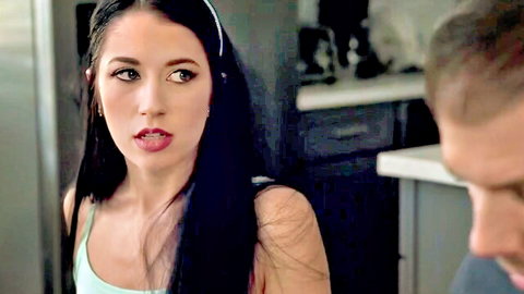 Hot brunette step-sis seductive close-up with guy in teasing scene