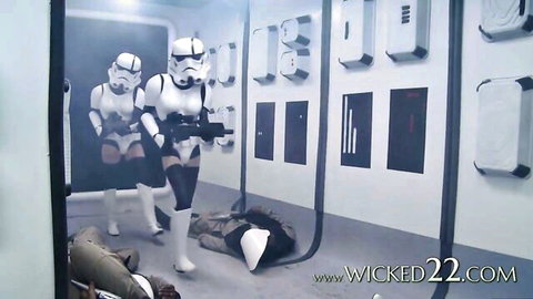 Sexy Stormtrooper babes in skimpy lingerie strut past dead body in Star Wars parody