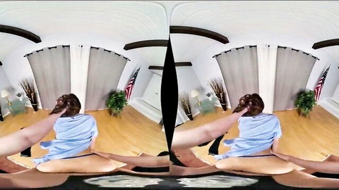 Brunette woman rear view hair pulling in blue top VR threesome