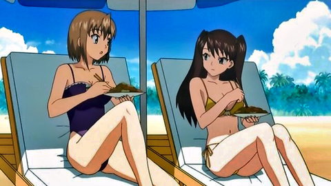 Two anime girls in bikinis lounging and eating on beach