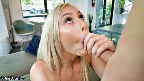 Blonde woman intensely sucking cock in close-up oral sex scene