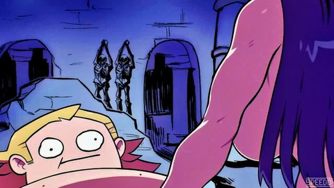Shocked blonde anime guy gawks at muscular purple-skinned hentai woman's huge tits in dungeon