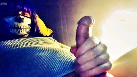 Raven LeTrap femboy in skull mask thumbs up with erect penis