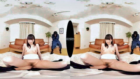 Naughty Japanese babe with bangs spreads legs wide exposing shaved pussy and perky tits in stockings VR solo