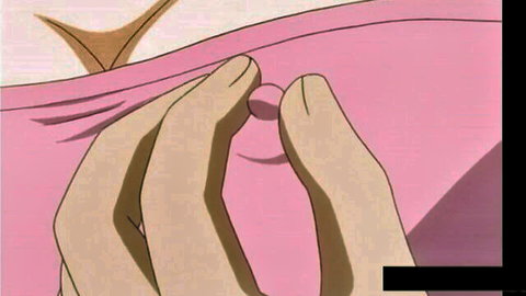 Hentai anime babe's erect pink nipple pinched hard between tan fingers