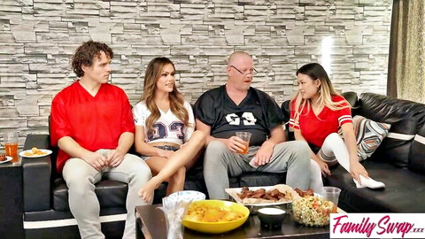 Family swap stepmoms and stepsisters in jerseys tease titties in sports bet