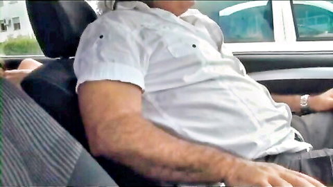 Mature man in white shirt relaxing in car seat for cum swallowing adult video