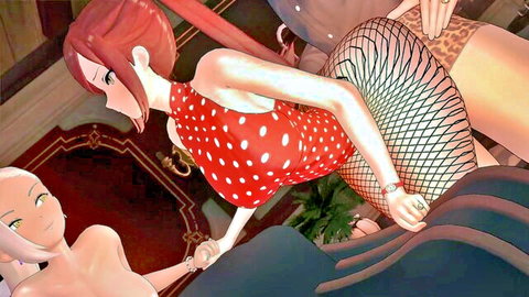Kaho Eira in red polka dot dress and fishnets with nude Torotoro Kishika, busty lesbian embrace