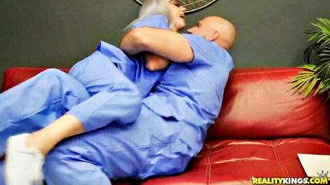 Skylar Vox in sexy nurse uniform straddling bald stud passionately - Reality Kings XXX