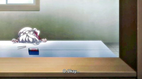 White-haired anime schoolgirl bent over table, shy 'O-Okay' expression in Hatsukoi Time Ep.3