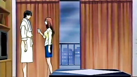 Anime redhead in blouse and skirt chats with robed man in hentai scene