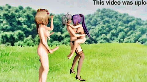 Touhou futa MMD threesome: anime girls in nude outdoor standing penetration