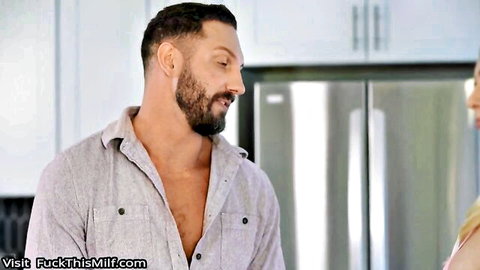 Kay Lovely teasing muscular stud in open shirt