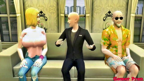 Busty Android 18 with Master Roshi and cuckold husband on couch, Dragon Ball parody