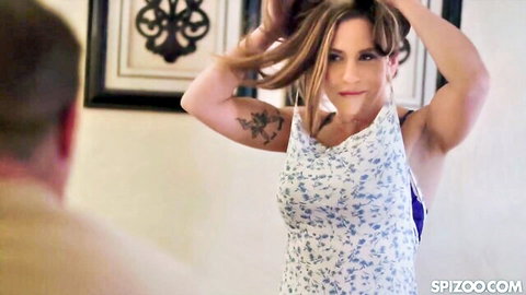 Aderes Quin, gorgeous blonde MILF in floral dress, teasing stepson