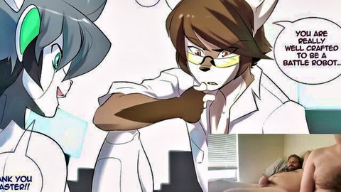 Furry comic dub with anthro foxes in lab coats and RealMrCake shirtless, hook-up robots monster theme