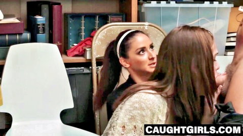 Two brunette teens caught shoplifting lean in for guard's shaft in storage