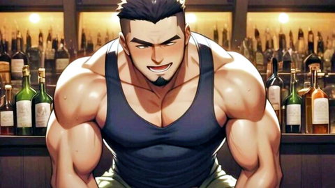 Muscular anime mercenary in tank top grinning at secret pub bar