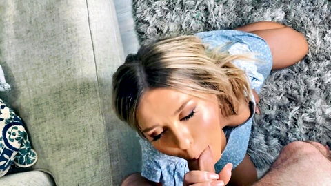 Blonde ex-gf with blue eyes giving wet oral in blue dress POV