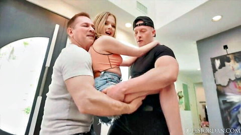 Coco Lovelock lifted in steamy threesome with two muscular studs