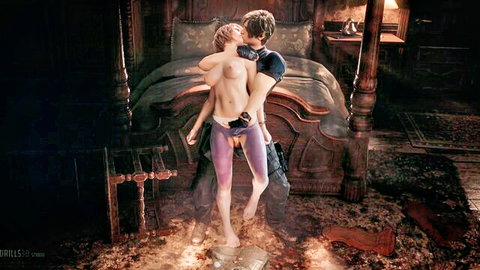 Ashley Graham topless in purple lingerie embraced by Leon Kennedy